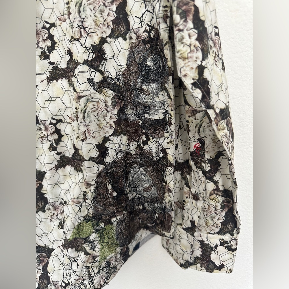 Robert Graham Button Down White Floral embroidered French Cuff large black green - Picture 6 of 13